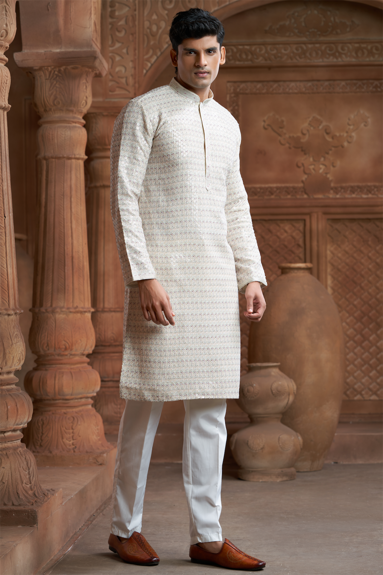 Cream Rayon Printed Kurta Pyjama