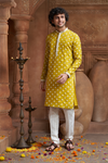 Mustard Muslin Allover Embroidered Kurta Pyjama