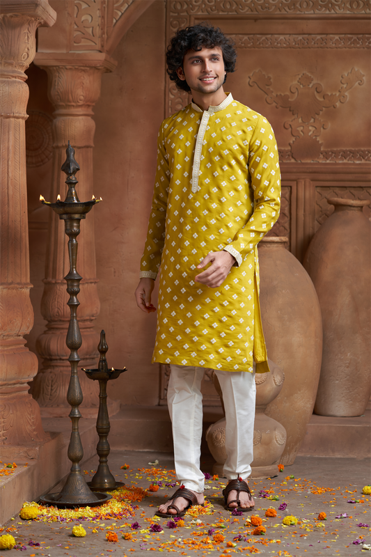 Mustard Muslin Allover Embroidered Kurta Pyjama