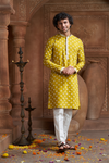 Mustard Muslin Allover Embroidered Kurta Pyjama