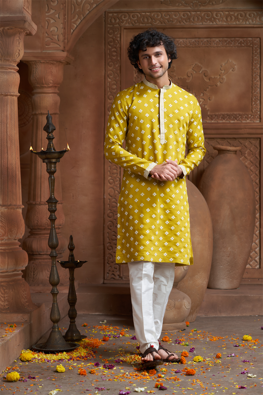 Mustard Muslin Allover Embroidered Kurta Pyjama