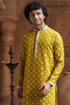 Mustard Muslin Allover Embroidered Kurta Pyjama