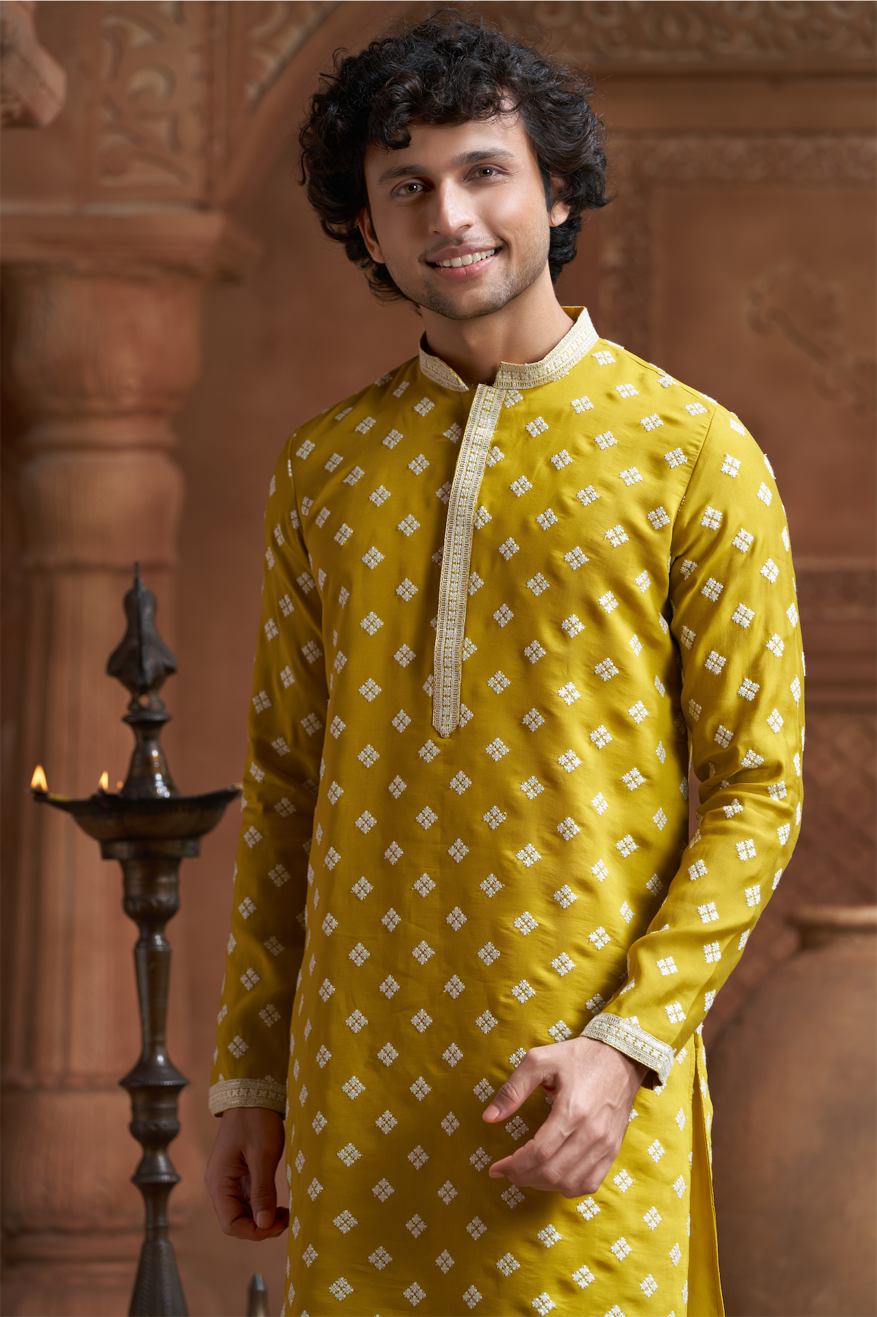 Mustard Muslin Allover Embroidered Kurta Pyjama