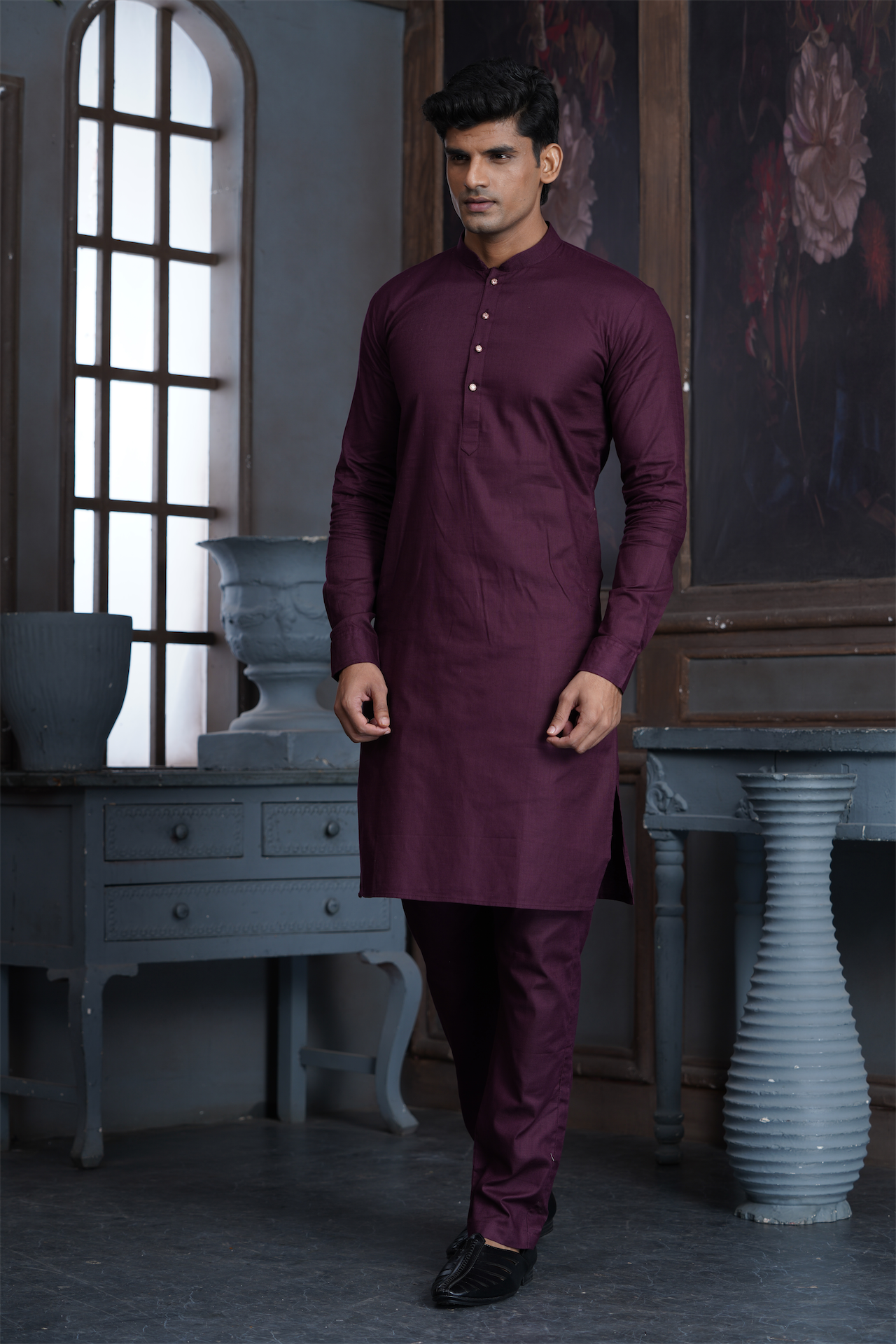 Wine Pure Cotton Kurta with Matching Bottom