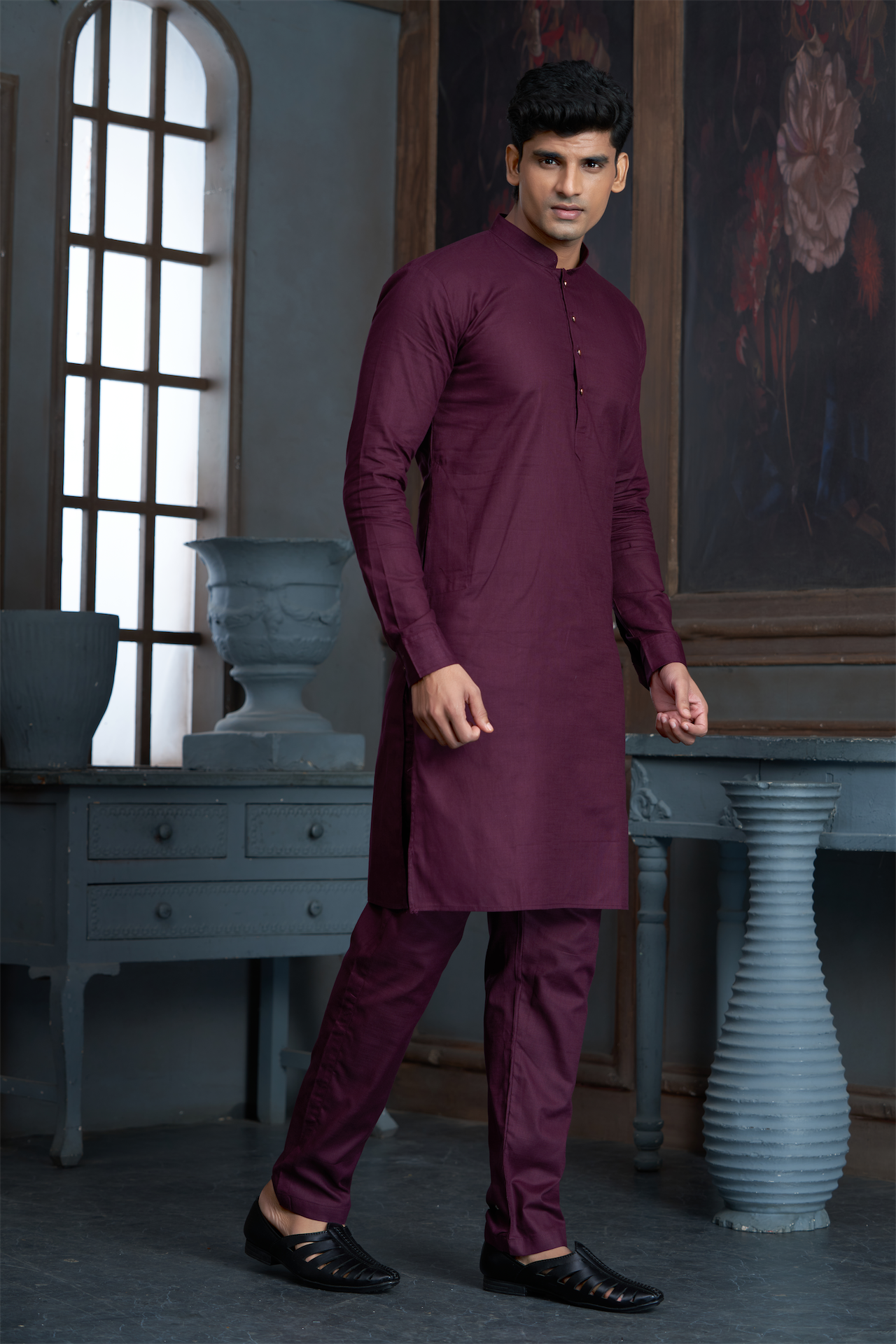 Wine Pure Cotton Kurta with Matching Bottom