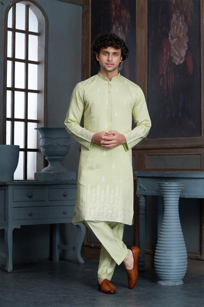 Light Green cotton Kurta Pyjama with Thread Embroidery and Motifs