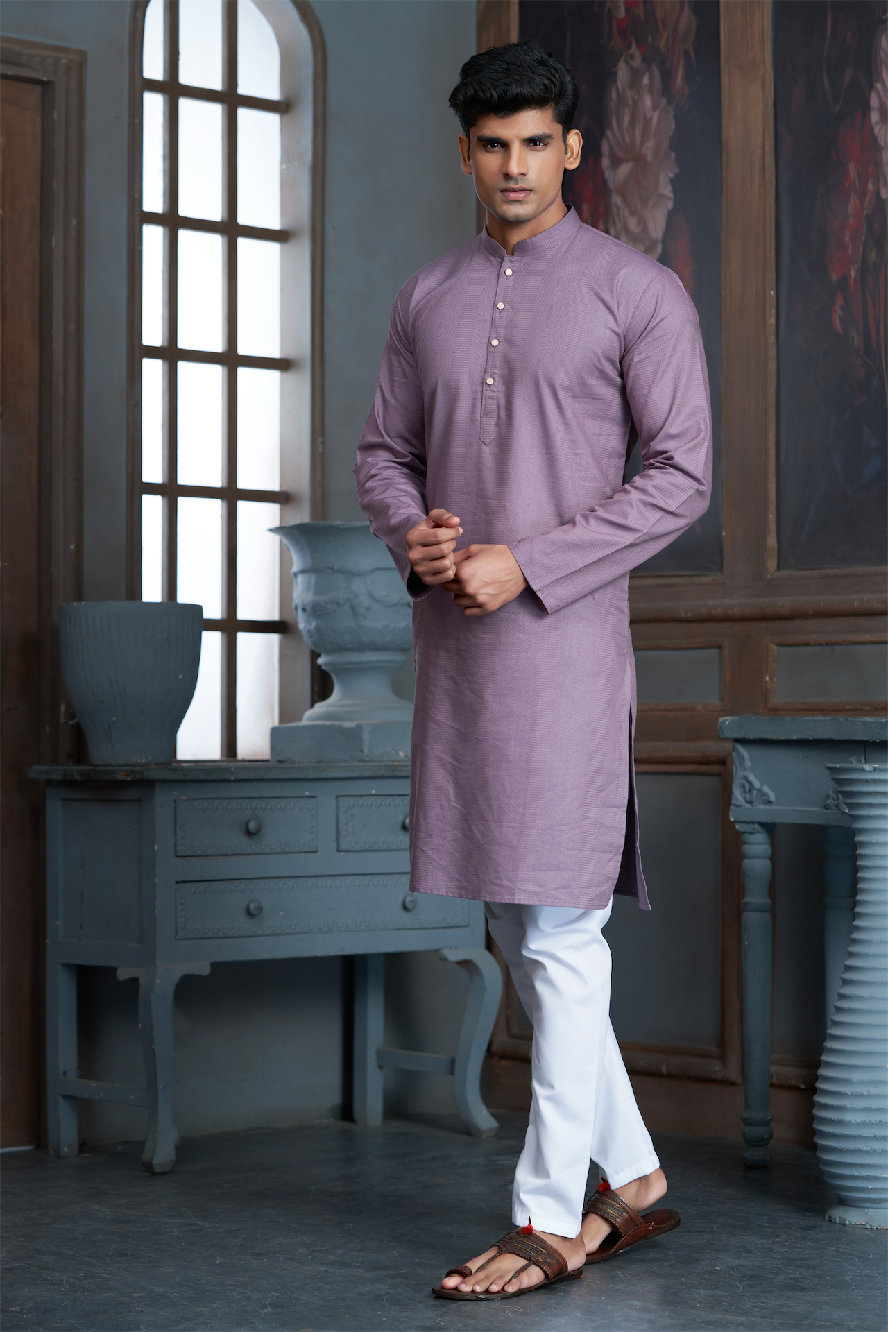 Lavender Pure Cotton Self Jaquard Kurta Pyjama