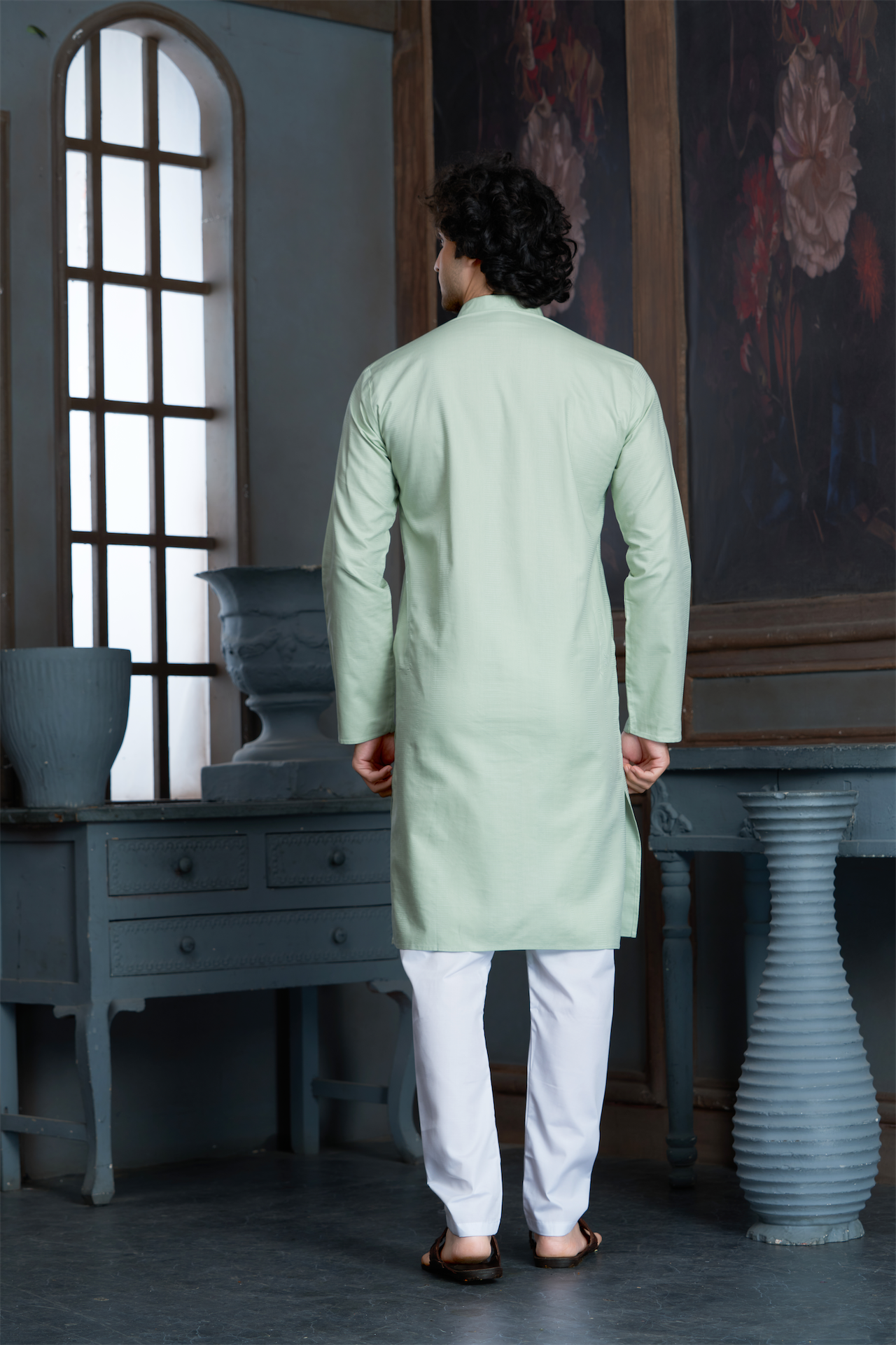 Pista Green Pure Cotton Self Jaquard Kurta Pyjama