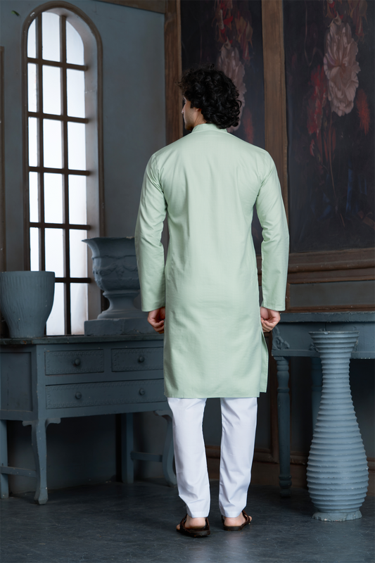 Pista Green Pure Cotton Self Jaquard Kurta Pyjama
