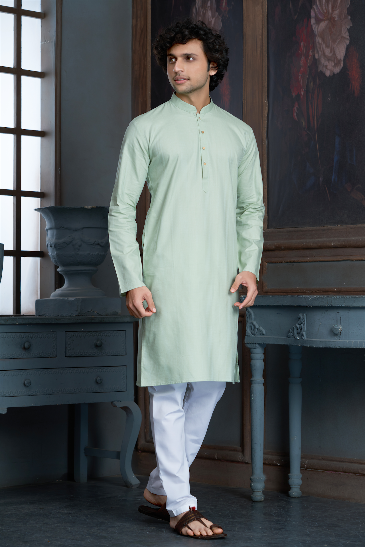 Pista Green Pure Cotton Self Jaquard Kurta Pyjama