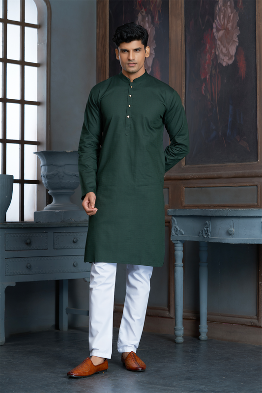 Bottle Green Pure Cotton Self Jaquard Kurta Pyjama