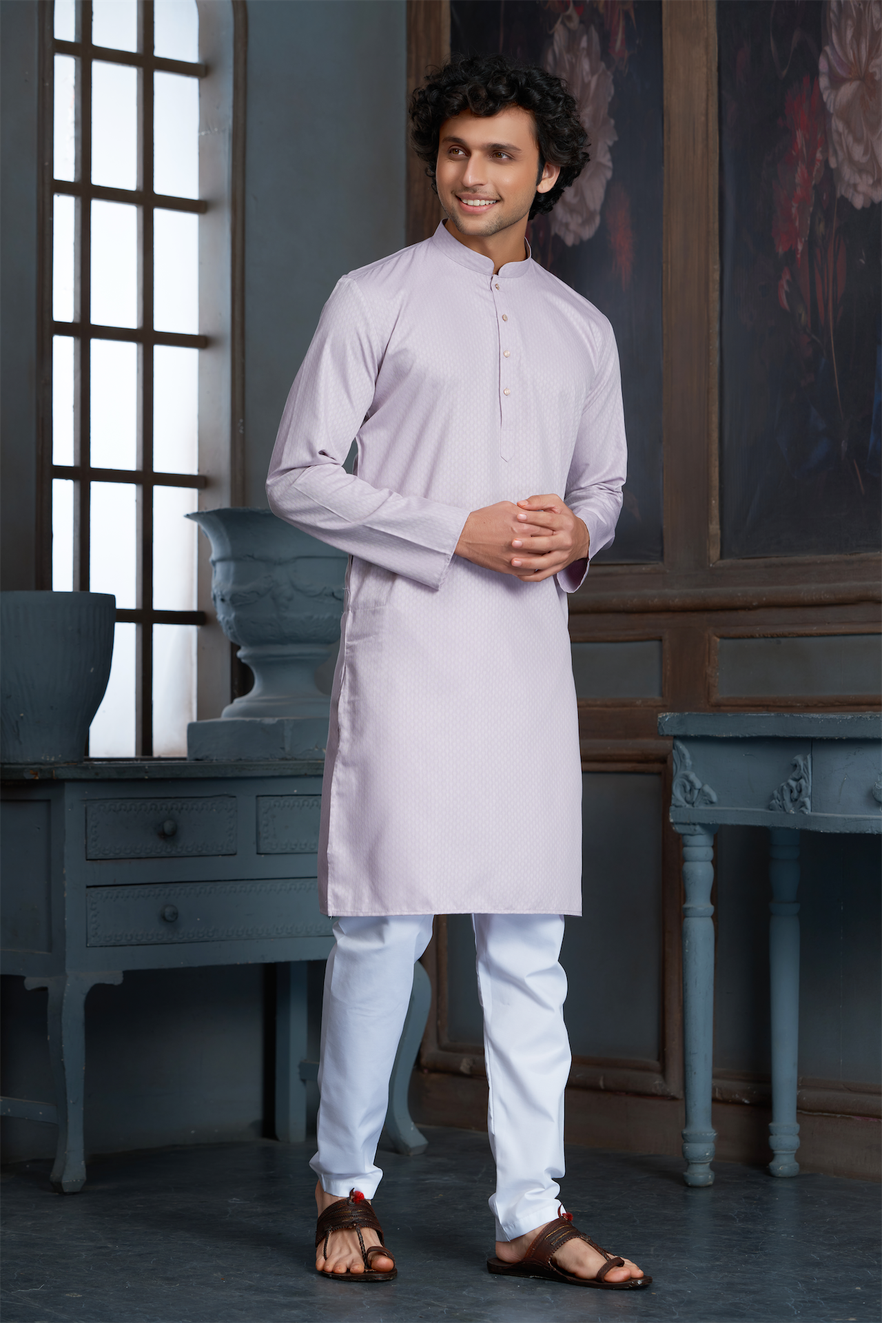 Onion Pink Pure Cotton Self Jaquard Kurta Pyjama