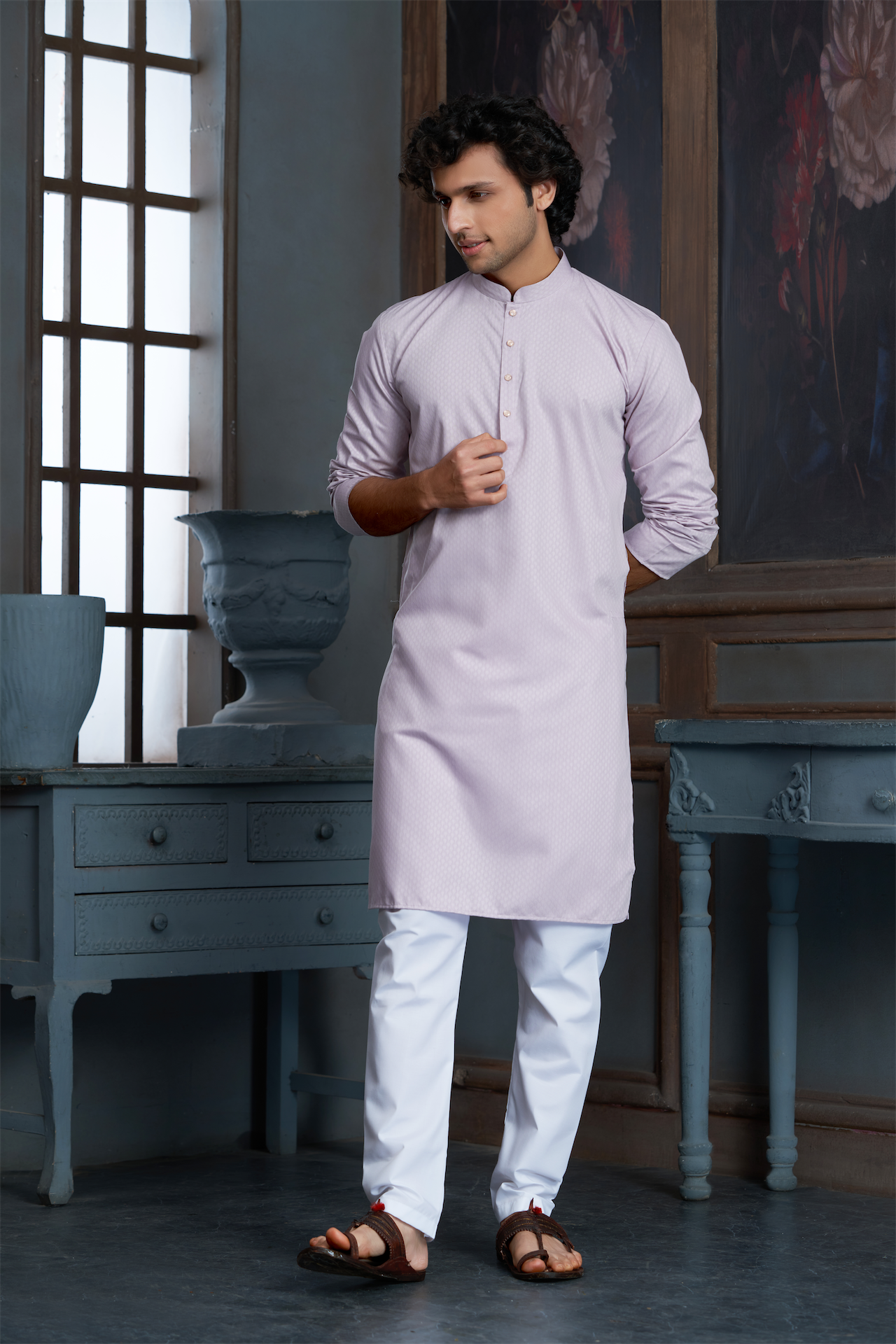 Onion Pink Pure Cotton Self Jaquard Kurta Pyjama