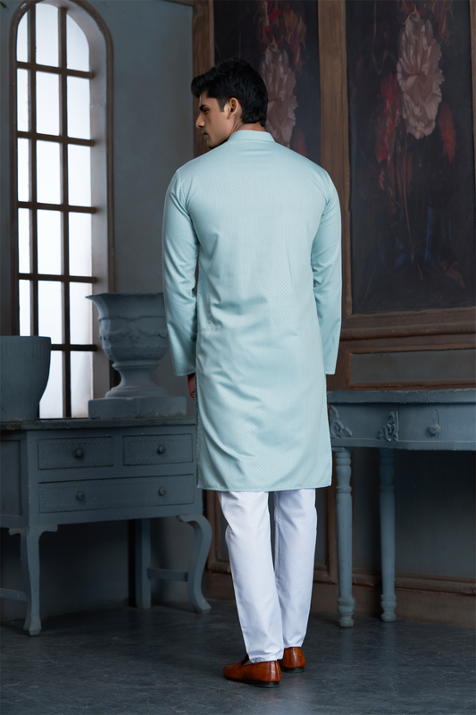 Mint Pure Cotton Self Jaquard Kurta Pyjama