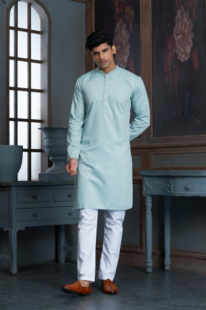 Mint Pure Cotton Self Jaquard Kurta Pyjama