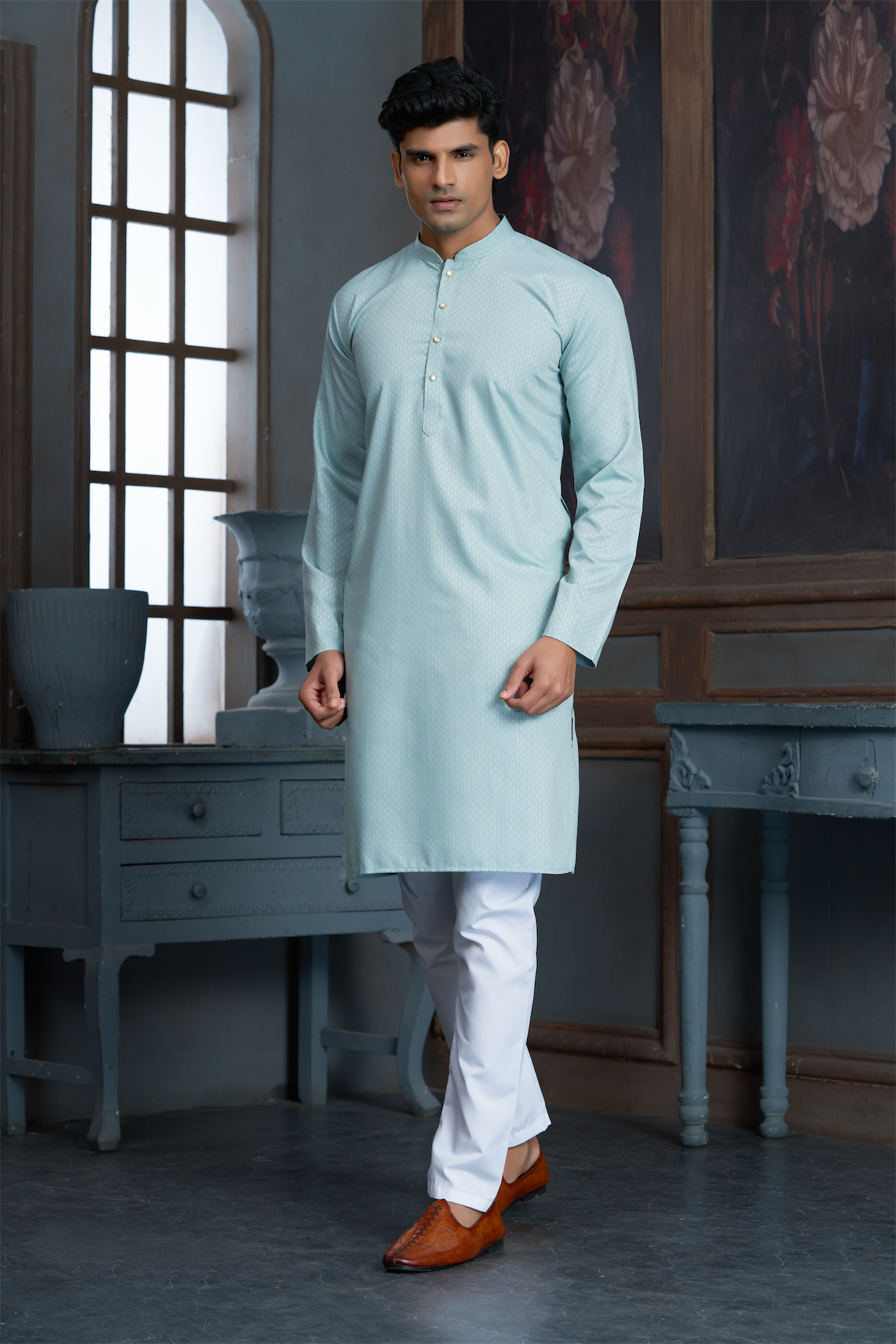 Mint Pure Cotton Self Jaquard Kurta Pyjama