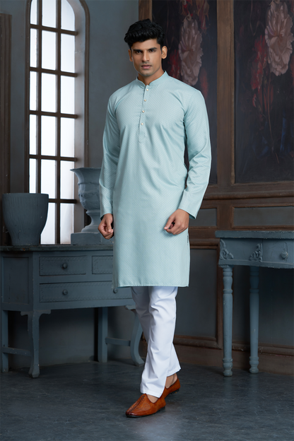 Mint Pure Cotton Self Jaquard Kurta Pyjama