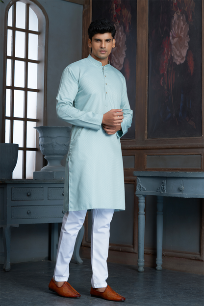 Mint Pure Cotton Self Jaquard Kurta Pyjama