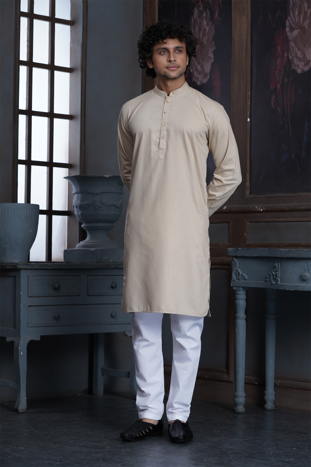 Fawn Pure Cotton Self Jaquard Kurta Pyjama