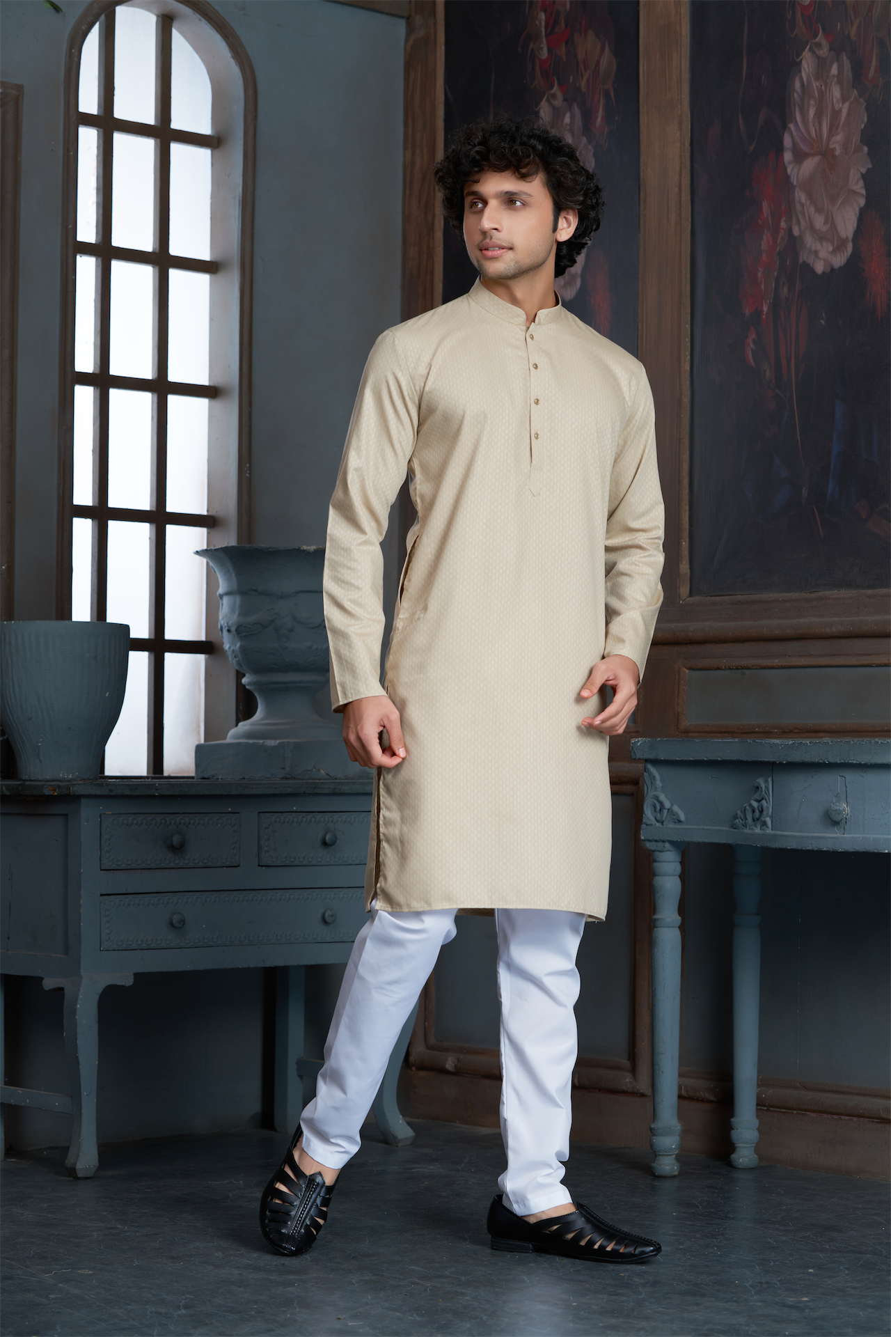 Fawn Pure Cotton Self Jaquard Kurta Pyjama