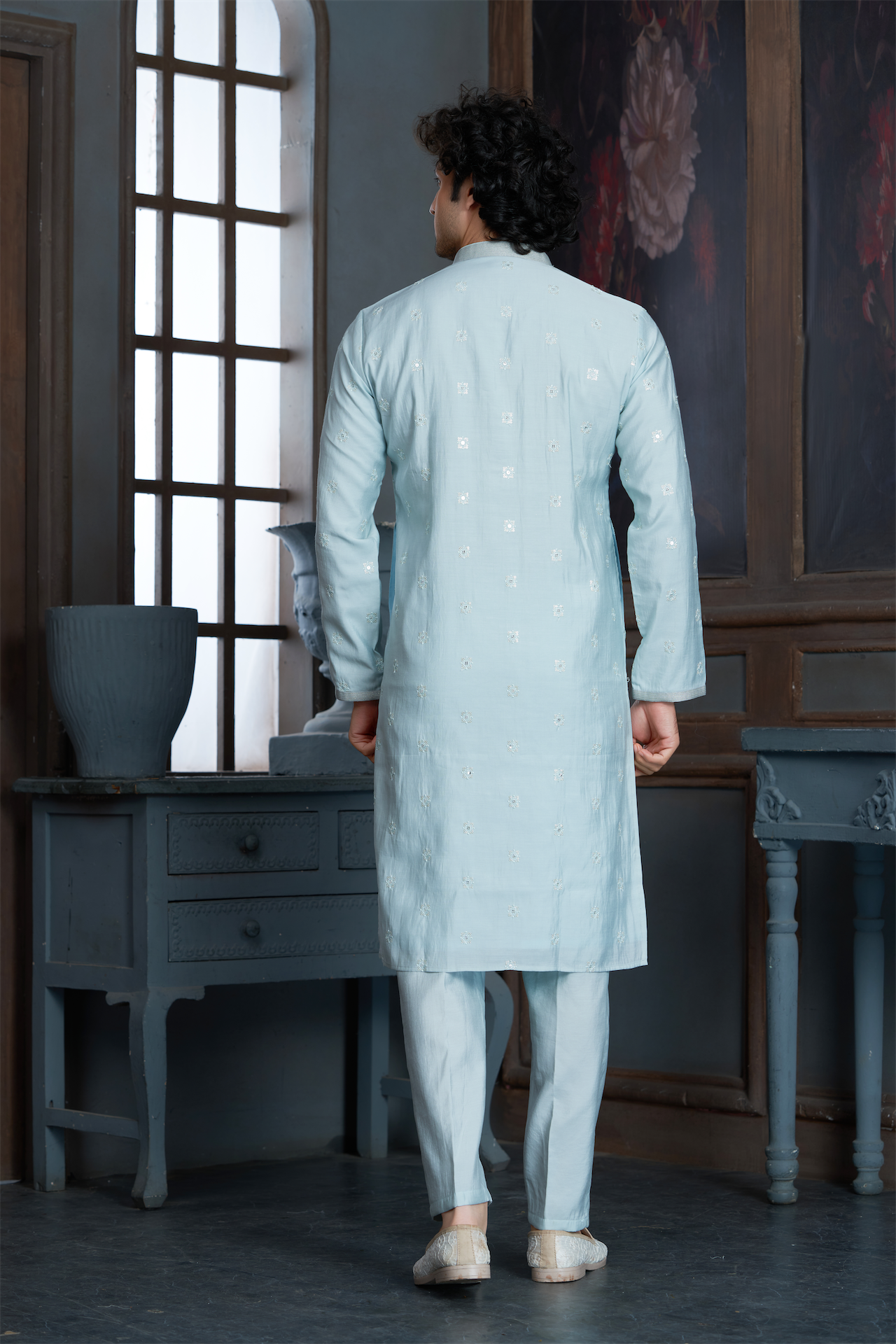 Mint Chanderi Kurta Pyjama with all Over Buta