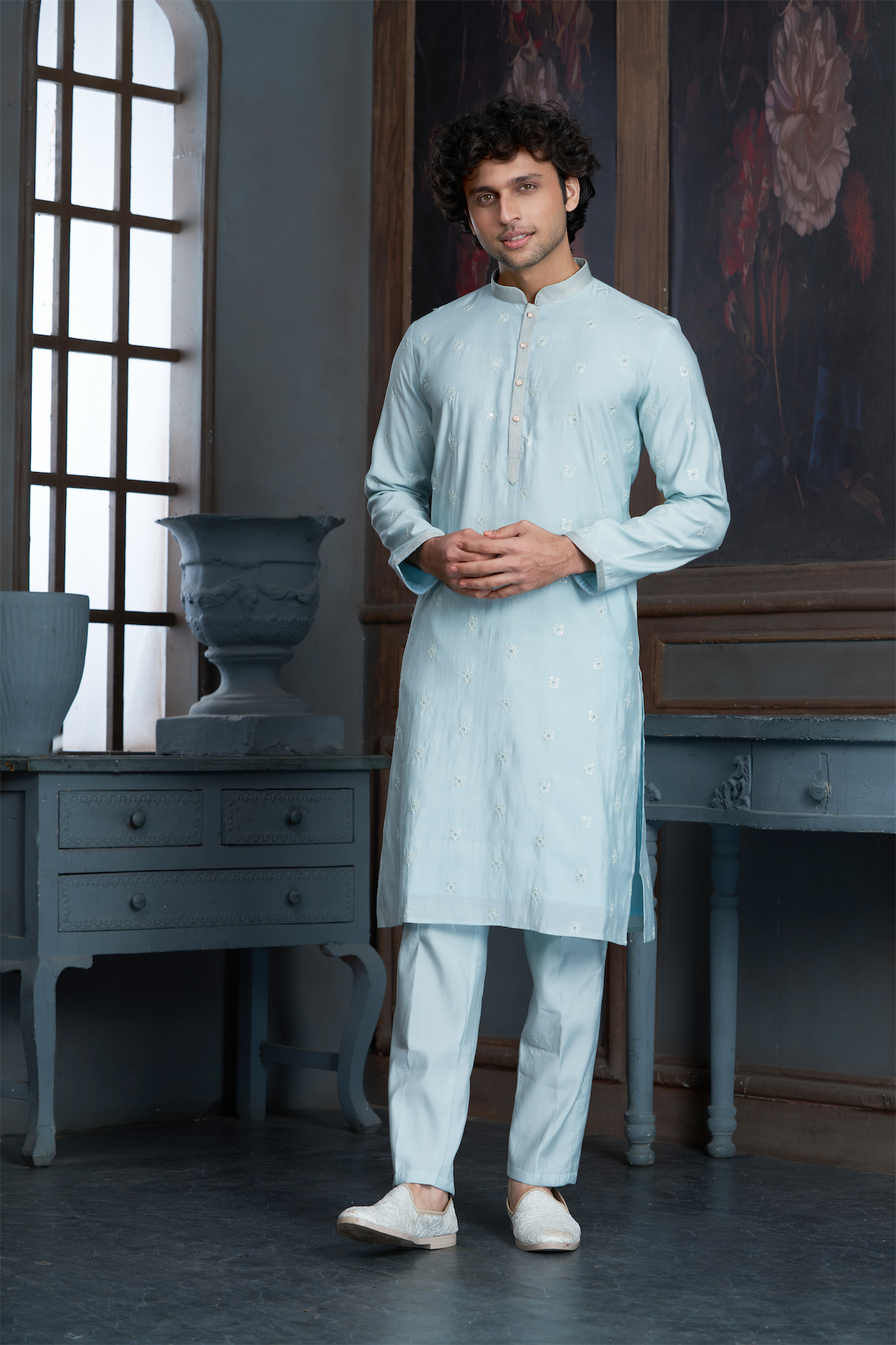 Mint Chanderi Kurta Pyjama with all Over Buta