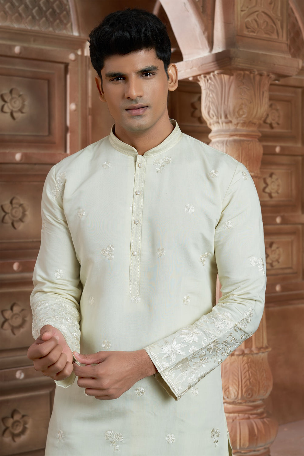 Lemon Yellow cotton Kurta Pyjama with Thread Embroidery and Motifs