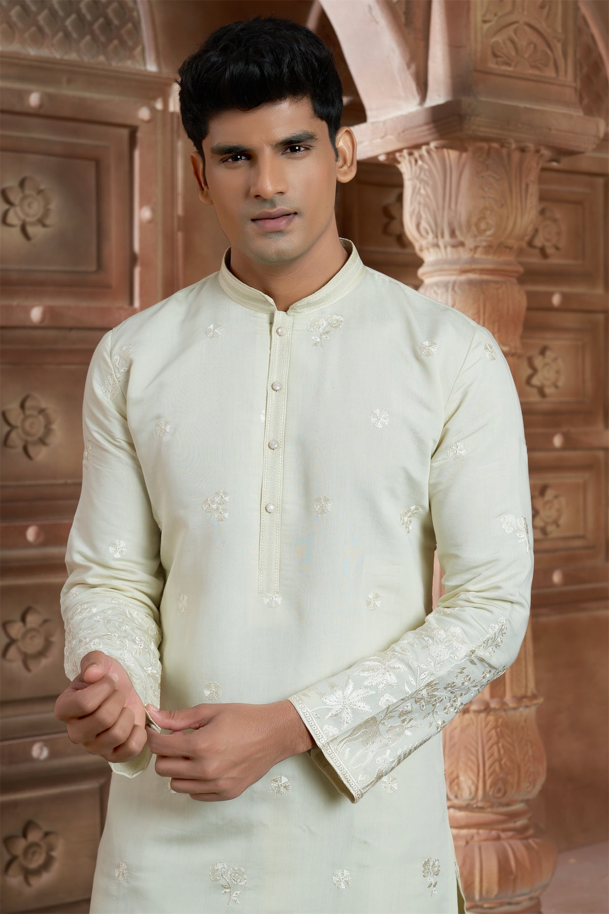 Lemon Yellow cotton Kurta Pyjama with Thread Embroidery and Motifs