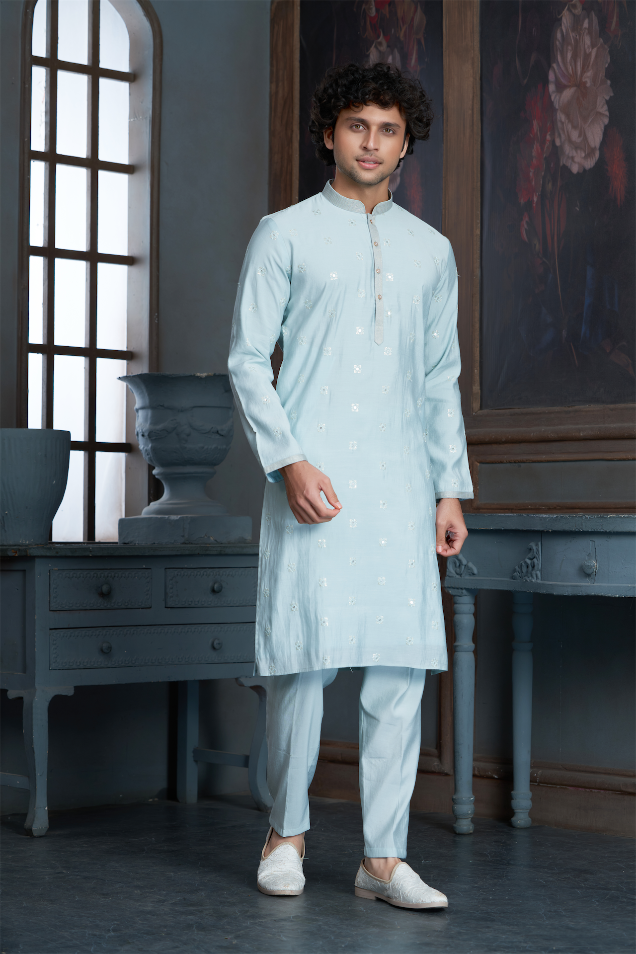 Mint Chanderi Kurta Pyjama with all Over Buta