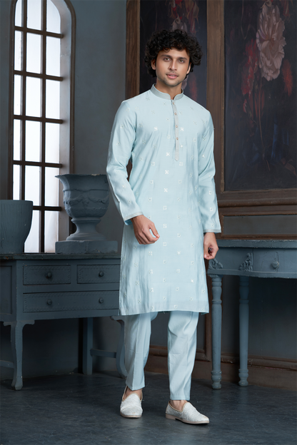 Mint Chanderi Kurta Pyjama with all Over Buta
