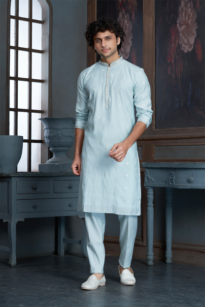 Mint Chanderi Kurta Pyjama with all Over Buta