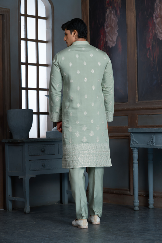 Pista Green Chanderi Daman Embroidery Kurta Pyjama with All over Buta