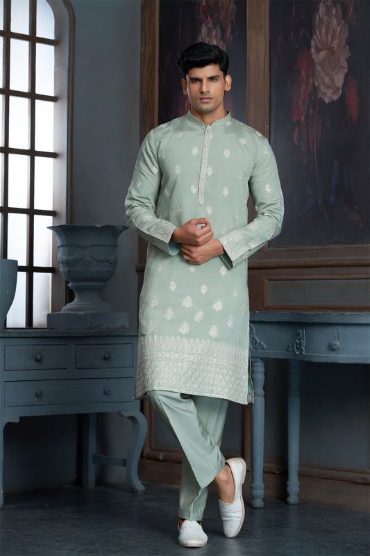 Pista Green Chanderi Daman Embroidery Kurta Pyjama with All over Buta