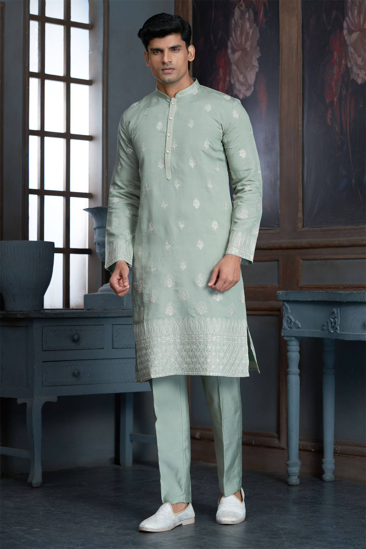 Pista Green Chanderi Daman Embroidery Kurta Pyjama with All over Buta