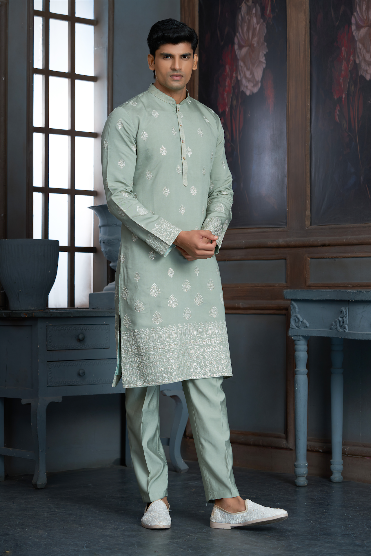 Pista Green Chanderi Daman Embroidery Kurta Pyjama with All over Buta