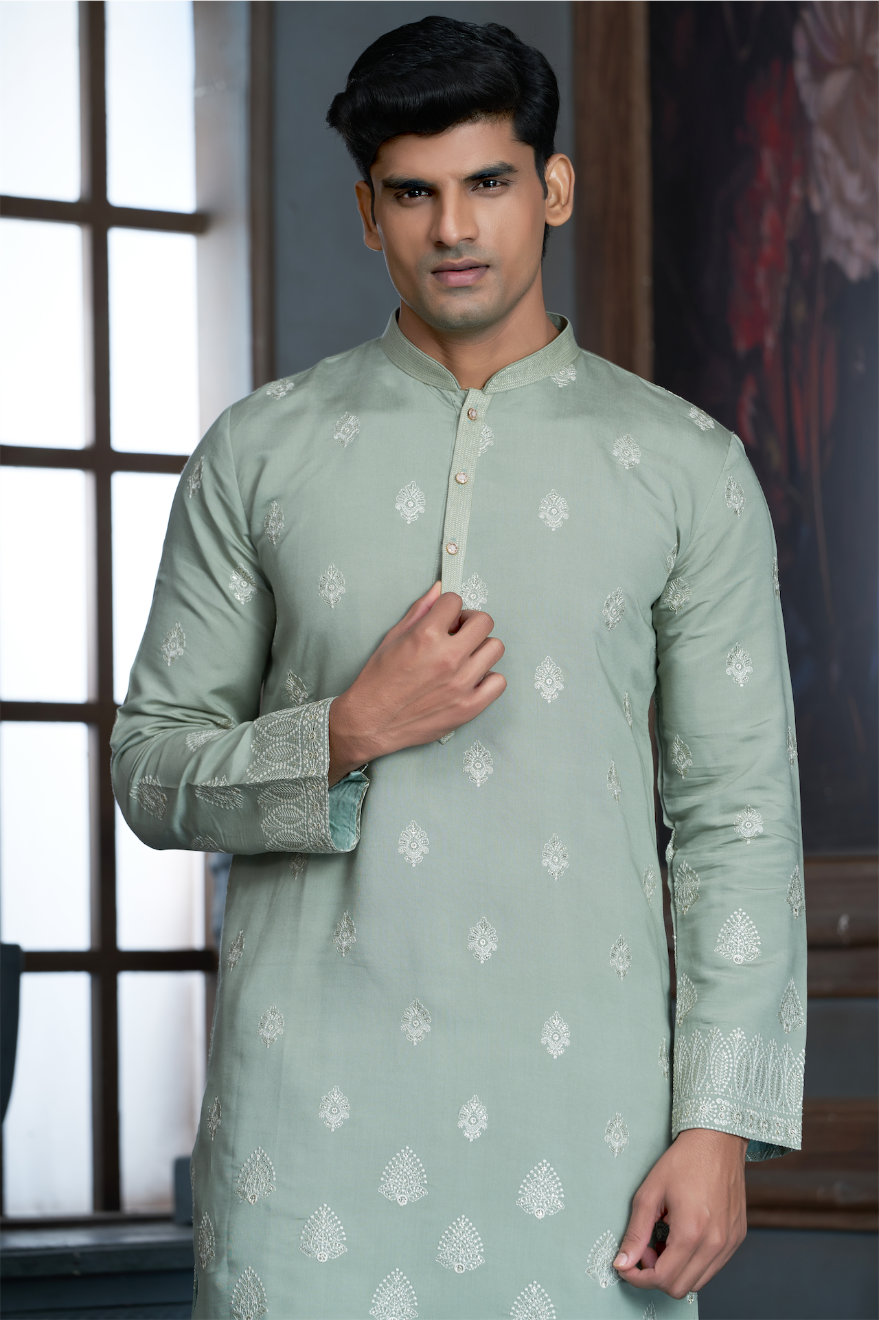 Pista Green Chanderi Daman Embroidery Kurta Pyjama with All over Buta