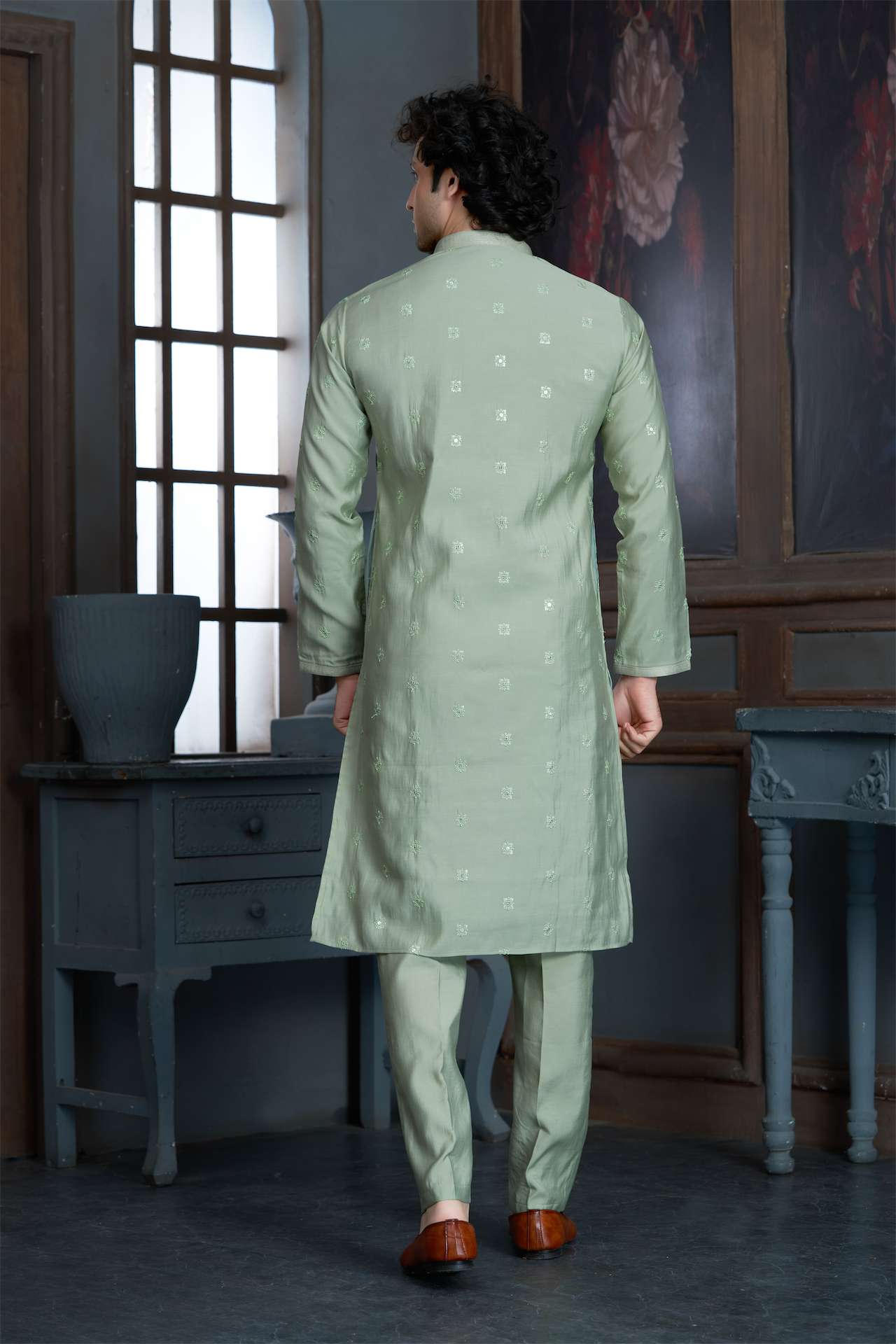 Pista Green Chanderi Kurta Pyjama with all Over Buta