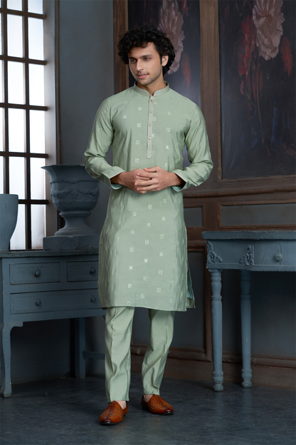 Pista Green Chanderi Kurta Pyjama with all Over Buta