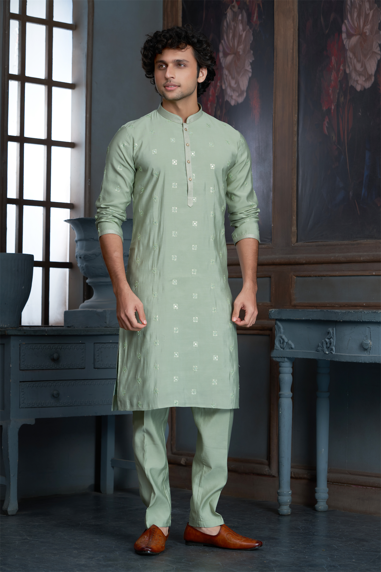 Pista Green Chanderi Kurta Pyjama with all Over Buta