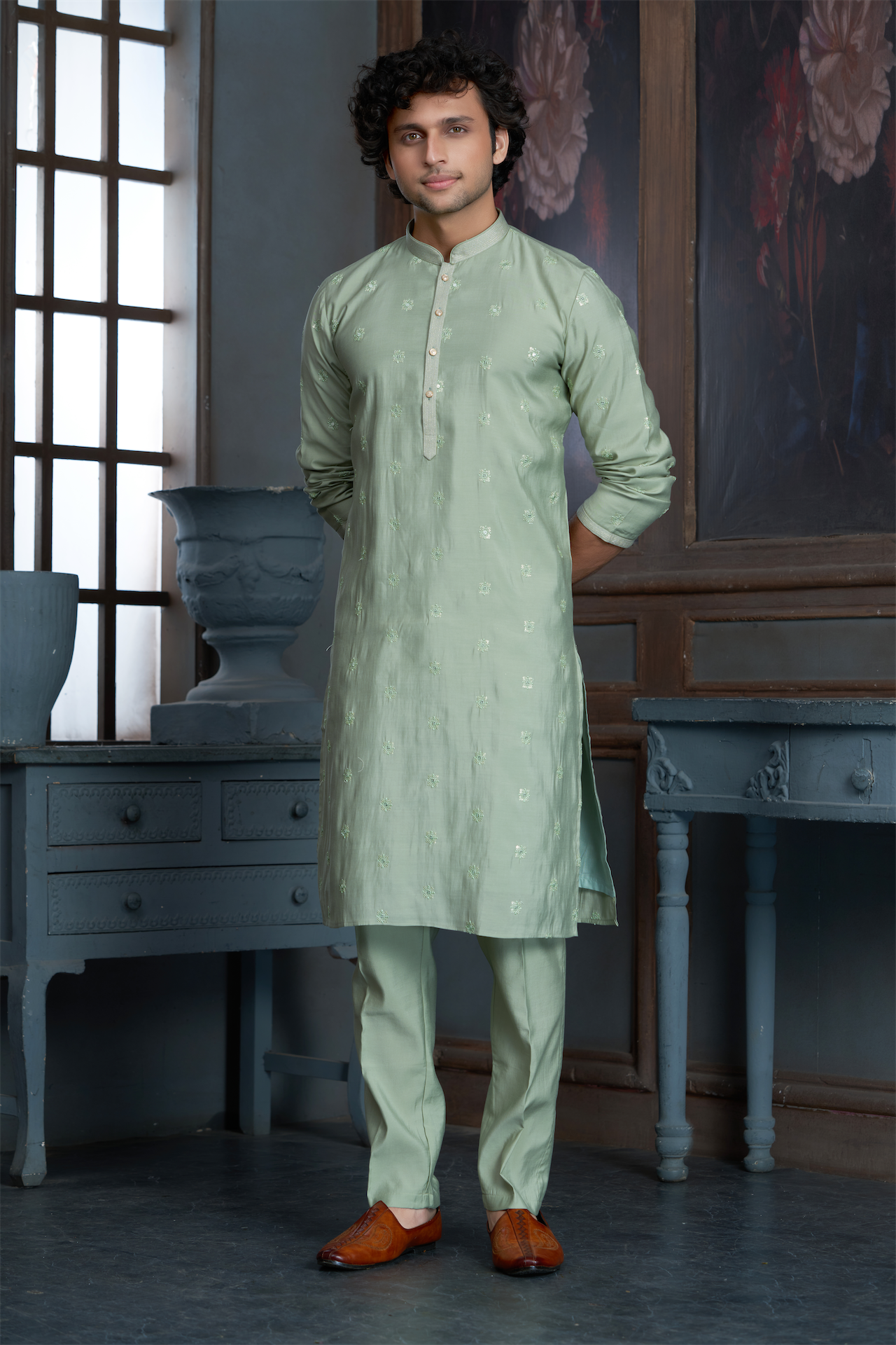 Pista Green Chanderi Kurta Pyjama with all Over Buta