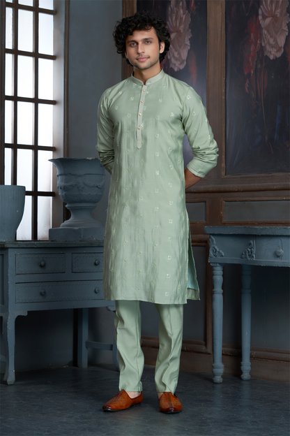 Pista Green Chanderi Kurta Pyjama with all Over Buta