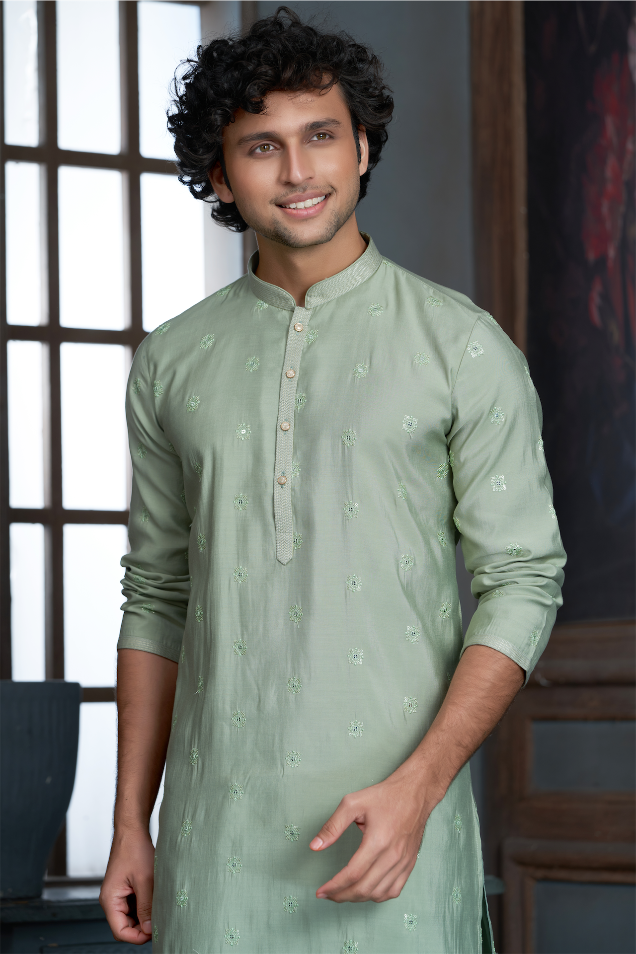 Pista Green Chanderi Kurta Pyjama with all Over Buta