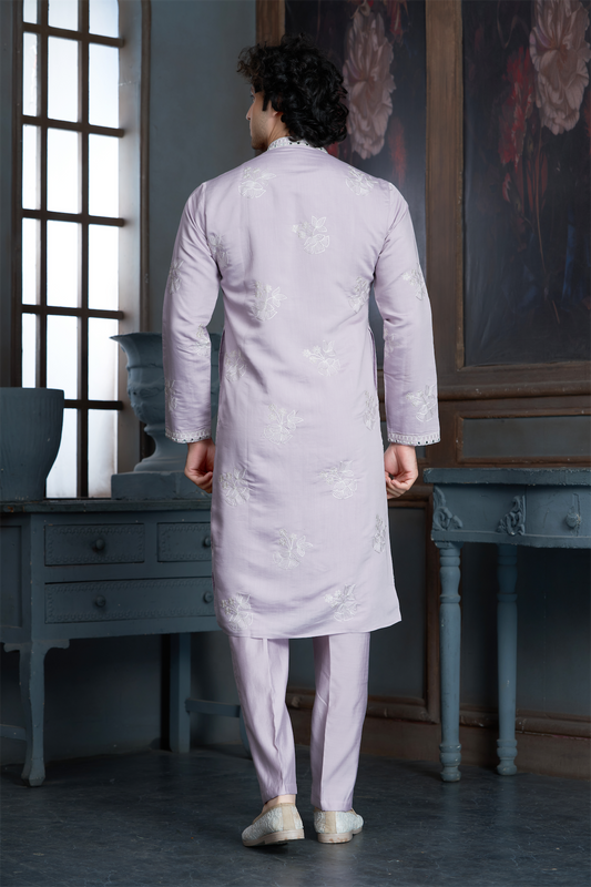 Onion Pink Chanderi Heavy Embroidery Kurta Set with Mirror Work