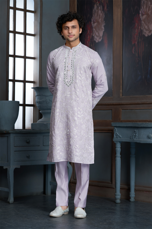 Onion Pink Chanderi Heavy Embroidery Kurta Set with Mirror Work