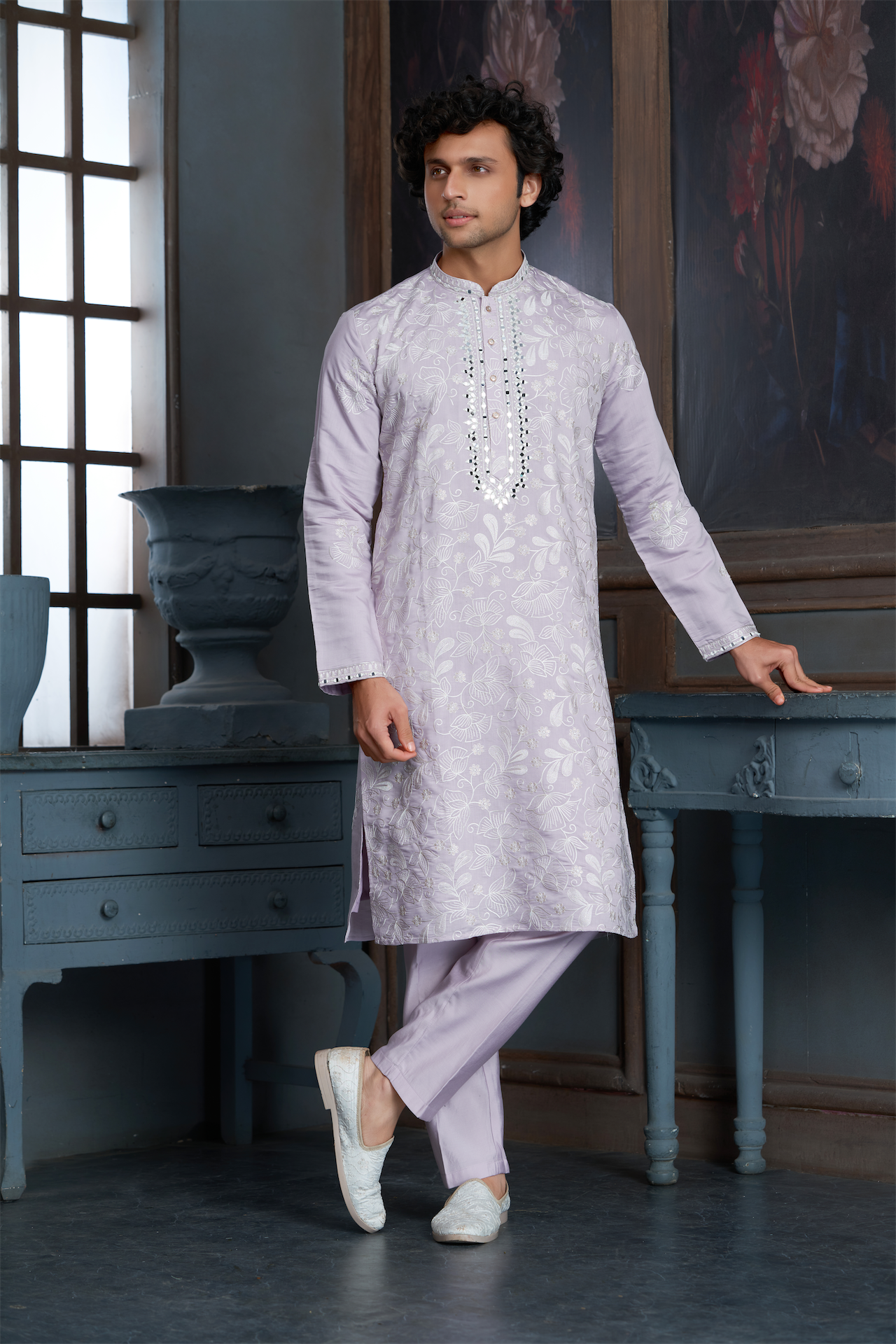 Onion Pink Chanderi Heavy Embroidery Kurta Set with Mirror Work