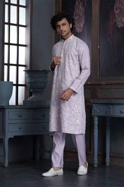 Onion Pink Chanderi Heavy Embroidery Kurta Set with Mirror Work