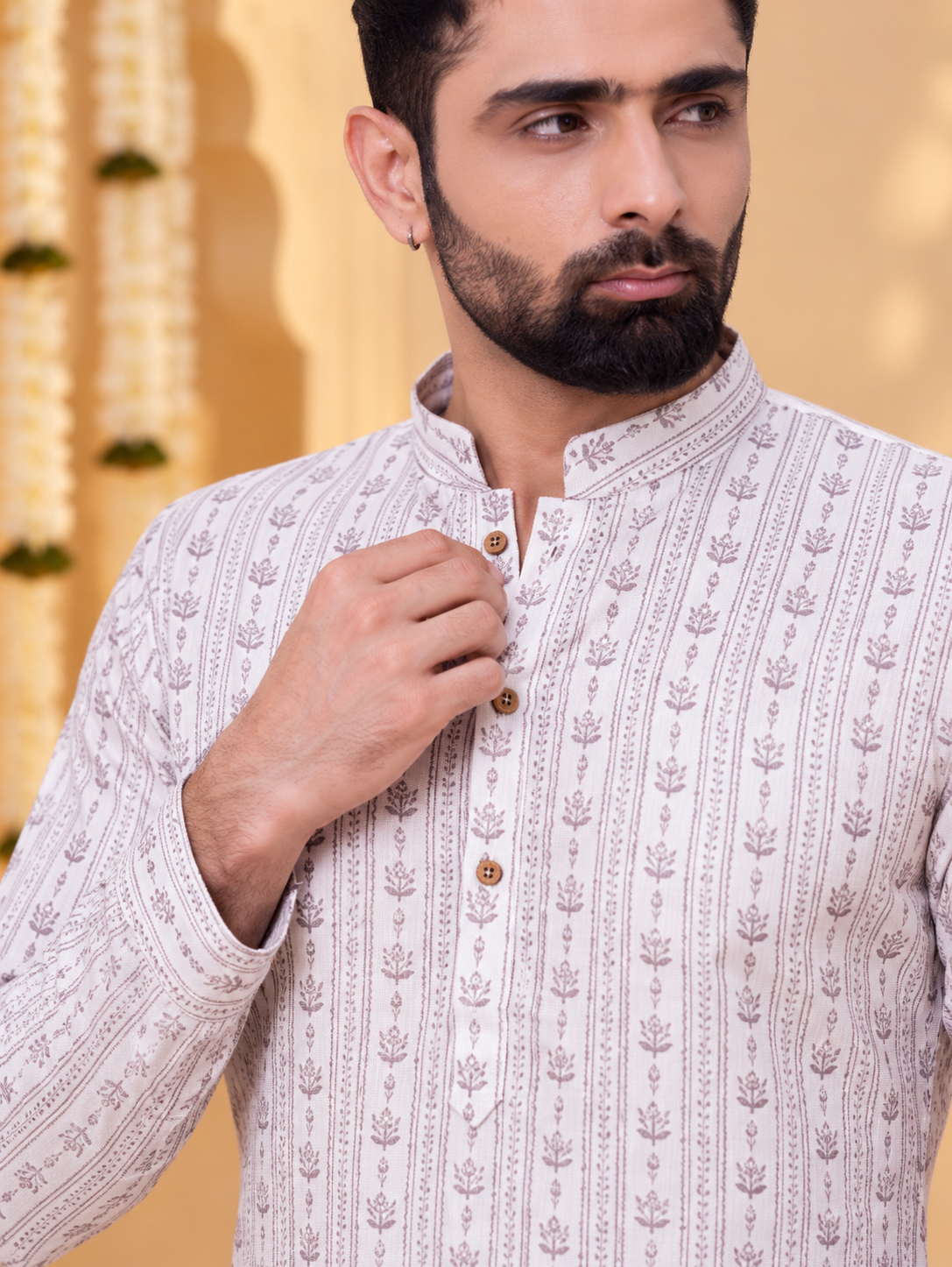 Beige Linen Cotton Printed Kurta Pyjama