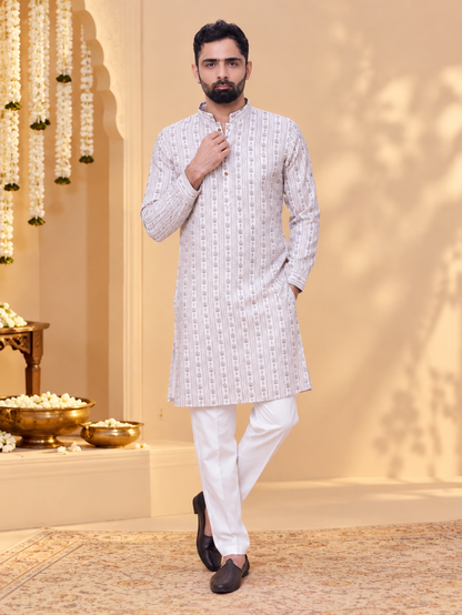 Beige Linen Cotton Printed Kurta Pyjama