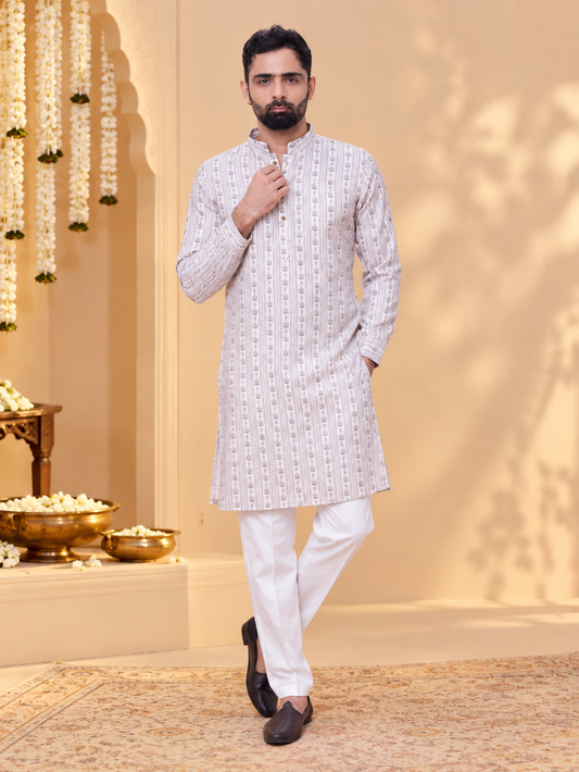 Beige Linen Cotton Printed Kurta Pyjama