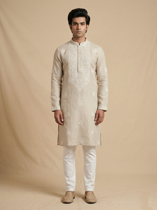 Beige Linen Thread Embroidered Kurta Set for Festive Wear